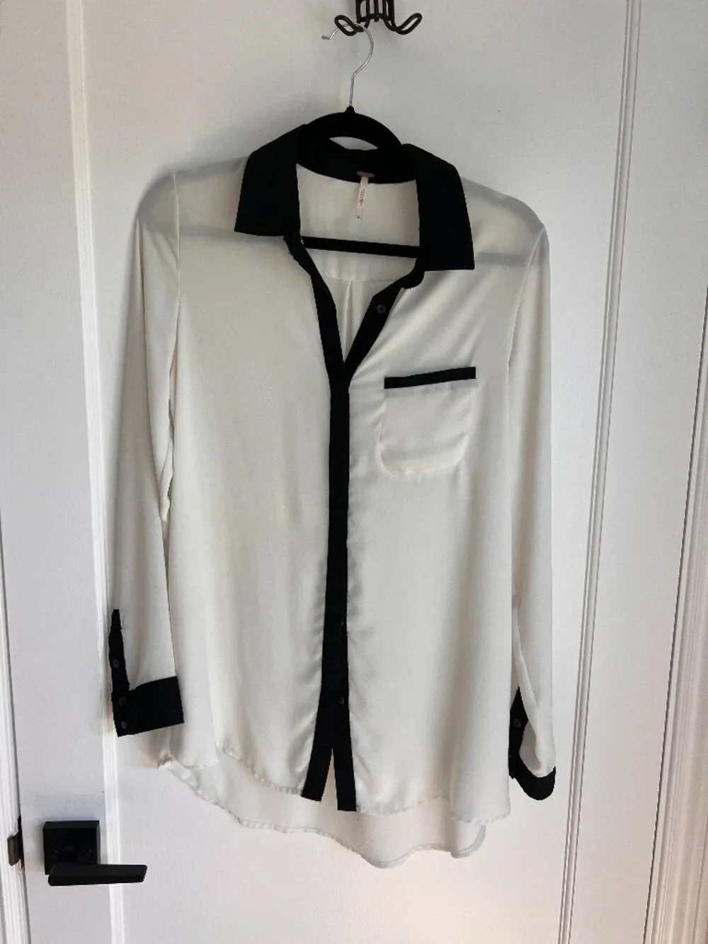 Free People Ivory Semi Sheer Long Sleeve Relaxed Blouse Black Trim (Size S)